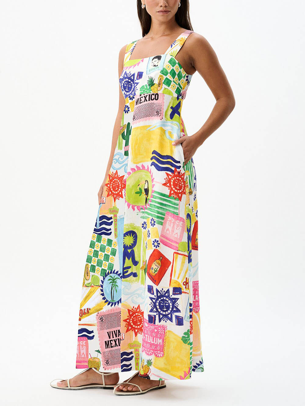 Unique Tie Back Closure Graphic Print Loose Holiday Maxi Dress - Threadford