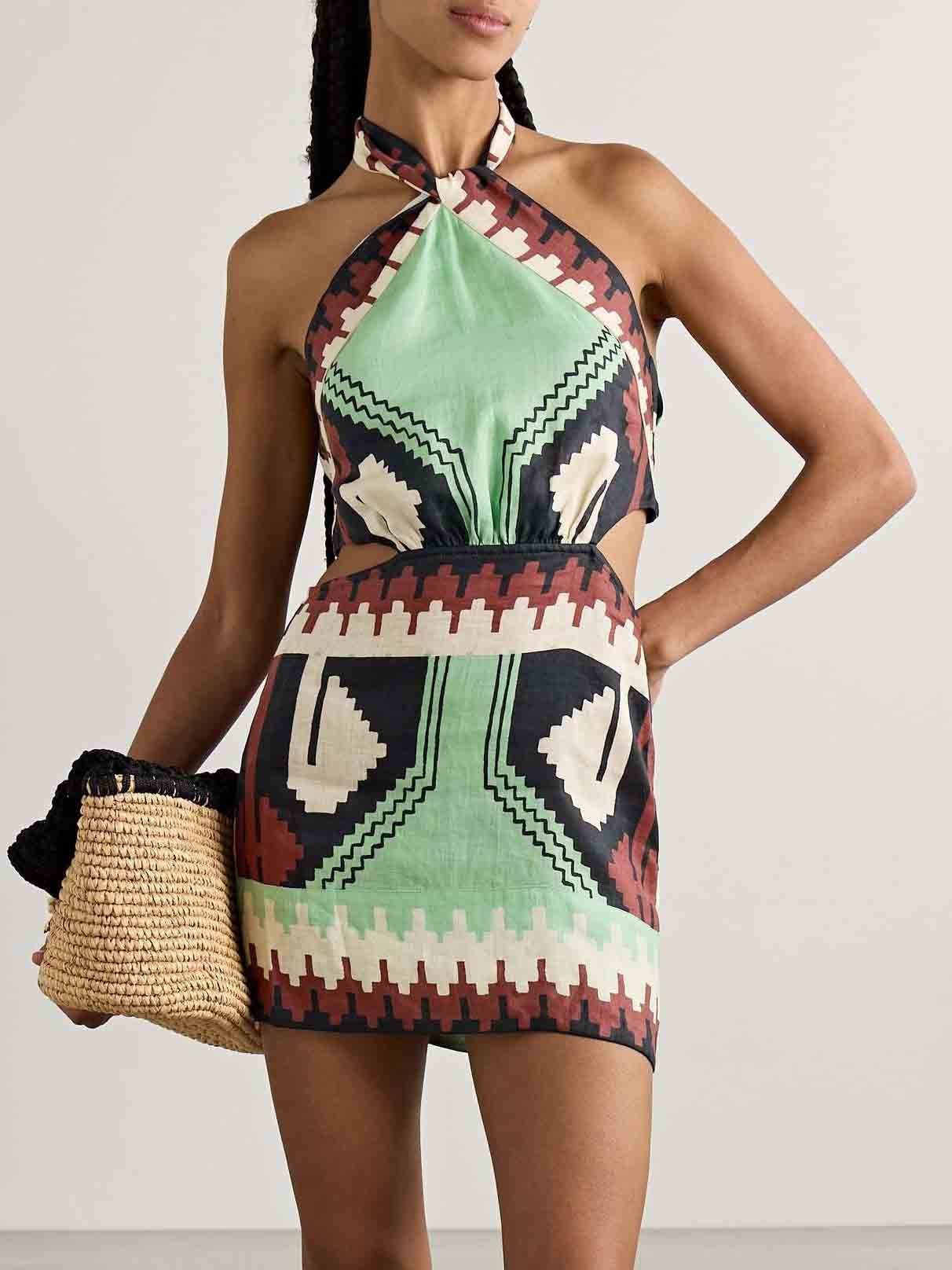 Unique Vintage Ethnic Print Backless Mini Dress - Threadford