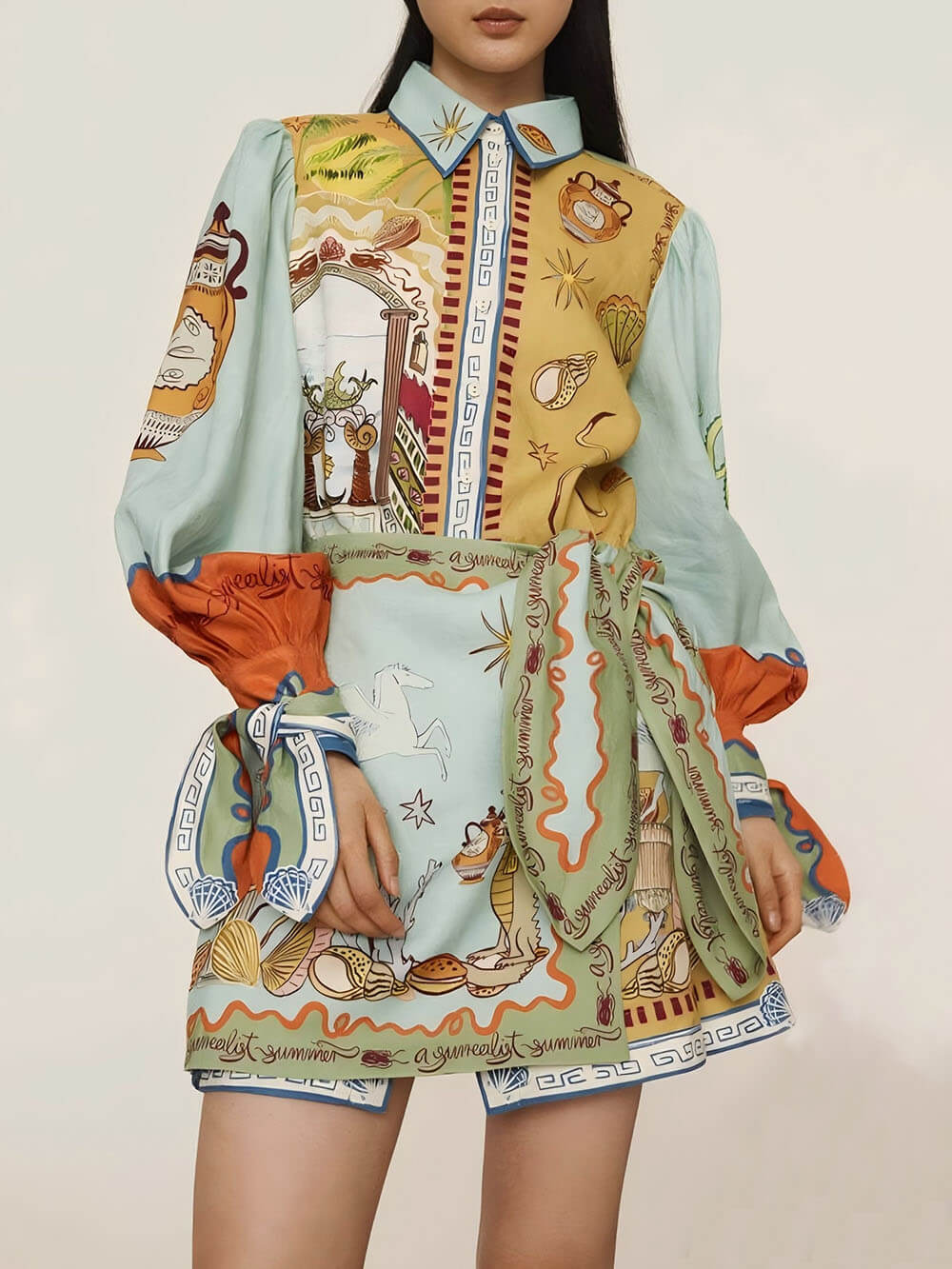 Fashionable And Casual Unique Pattern Printed Linen Shirt Collar Hip Dress - Threadford
