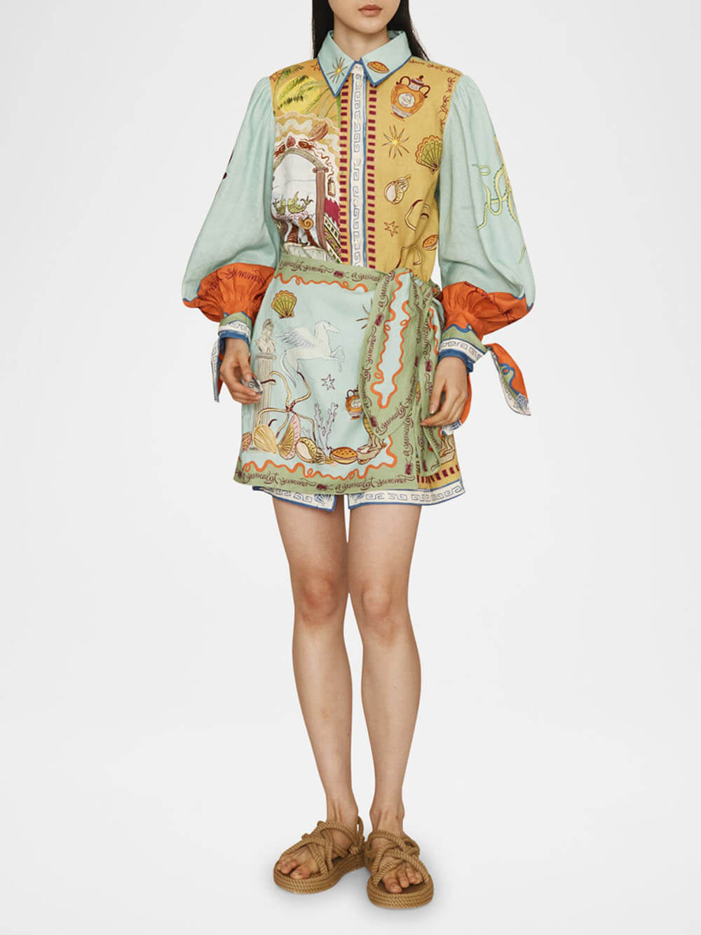 Fashionable And Casual Unique Pattern Printed Linen Shirt Collar Hip Dress - Threadford