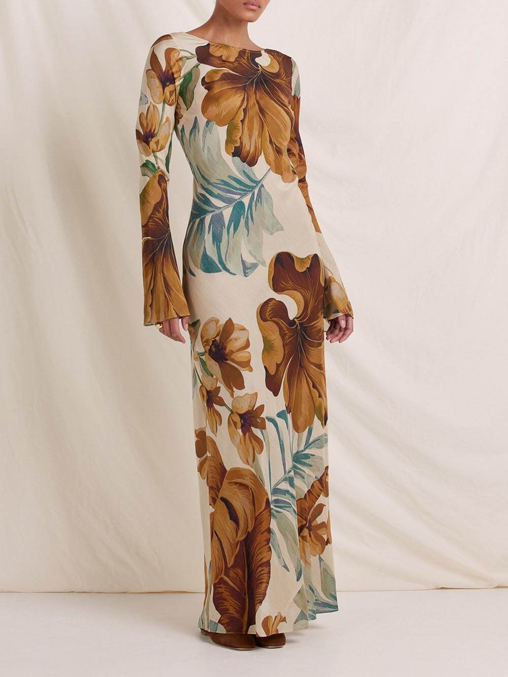 Simple Unique Plant Pattern Print Back Hollow Out Maxi Dress - Threadford