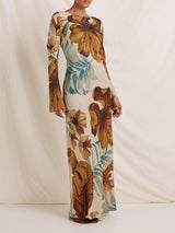 Simple Unique Plant Pattern Print Back Hollow Out Maxi Dress - Threadford
