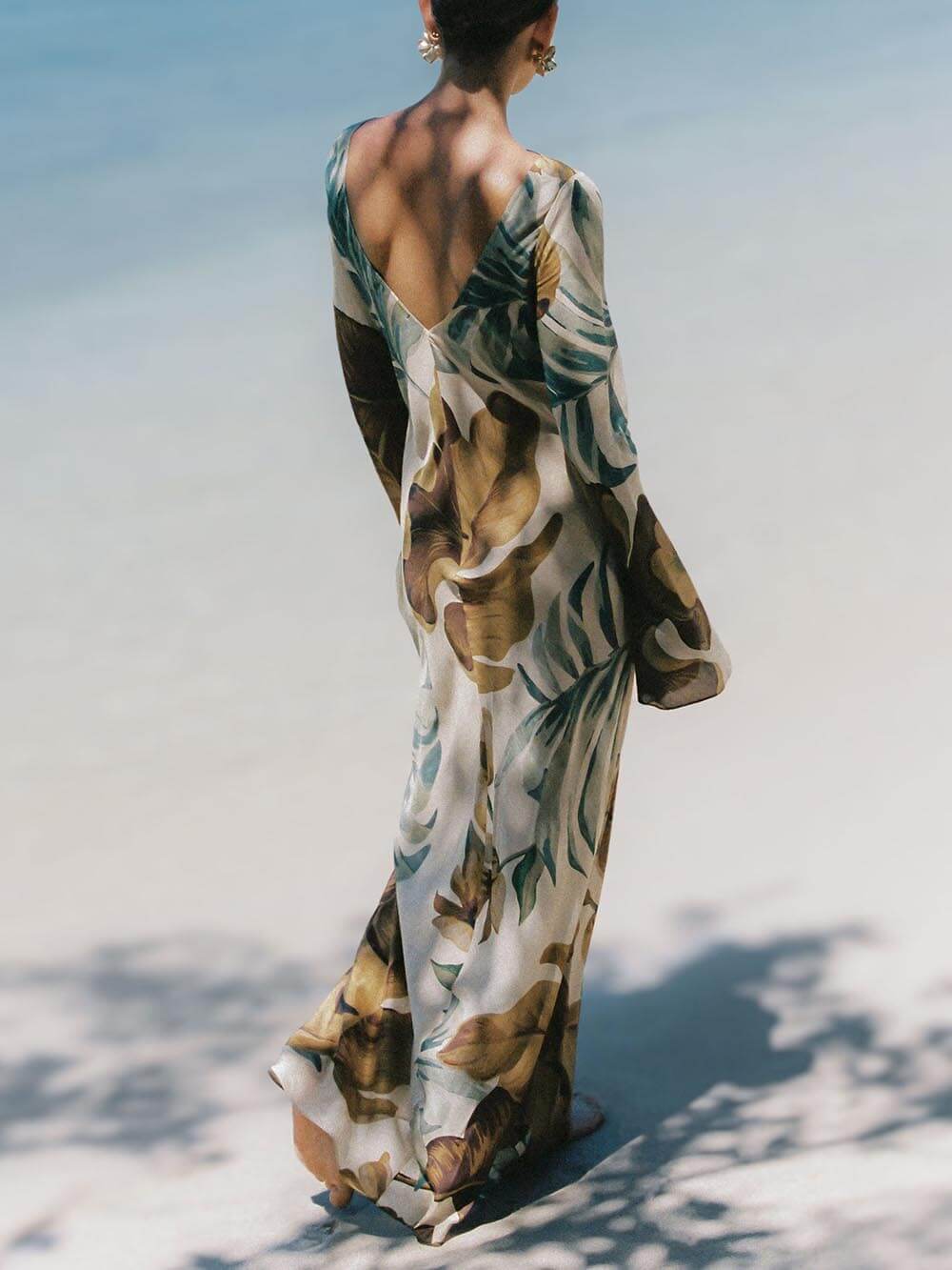 Simple Unique Plant Pattern Print Back Hollow Out Maxi Dress - Threadford