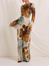 Simple Unique Plant Pattern Print Back Hollow Out Maxi Dress - Threadford