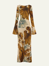 Simple Unique Plant Pattern Print Back Hollow Out Maxi Dress - Threadford
