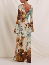 Simple Unique Plant Pattern Print Back Hollow Out Maxi Dress - Threadford