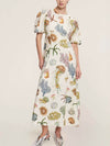Unique And Personalized Graffiti Print Lantern Sleeve Fashionable Linen Dress - Threadford