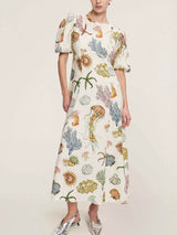 Unique And Personalized Graffiti Print Lantern Sleeve Fashionable Linen Dress - Threadford