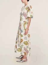 Unique And Personalized Graffiti Print Lantern Sleeve Fashionable Linen Dress - Threadford