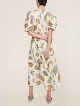 Unique And Personalized Graffiti Print Lantern Sleeve Fashionable Linen Dress - Threadford