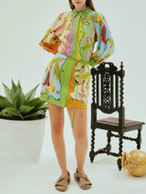 Unique Linen Personalized Fashion Print Lace-Up Dress - Threadford