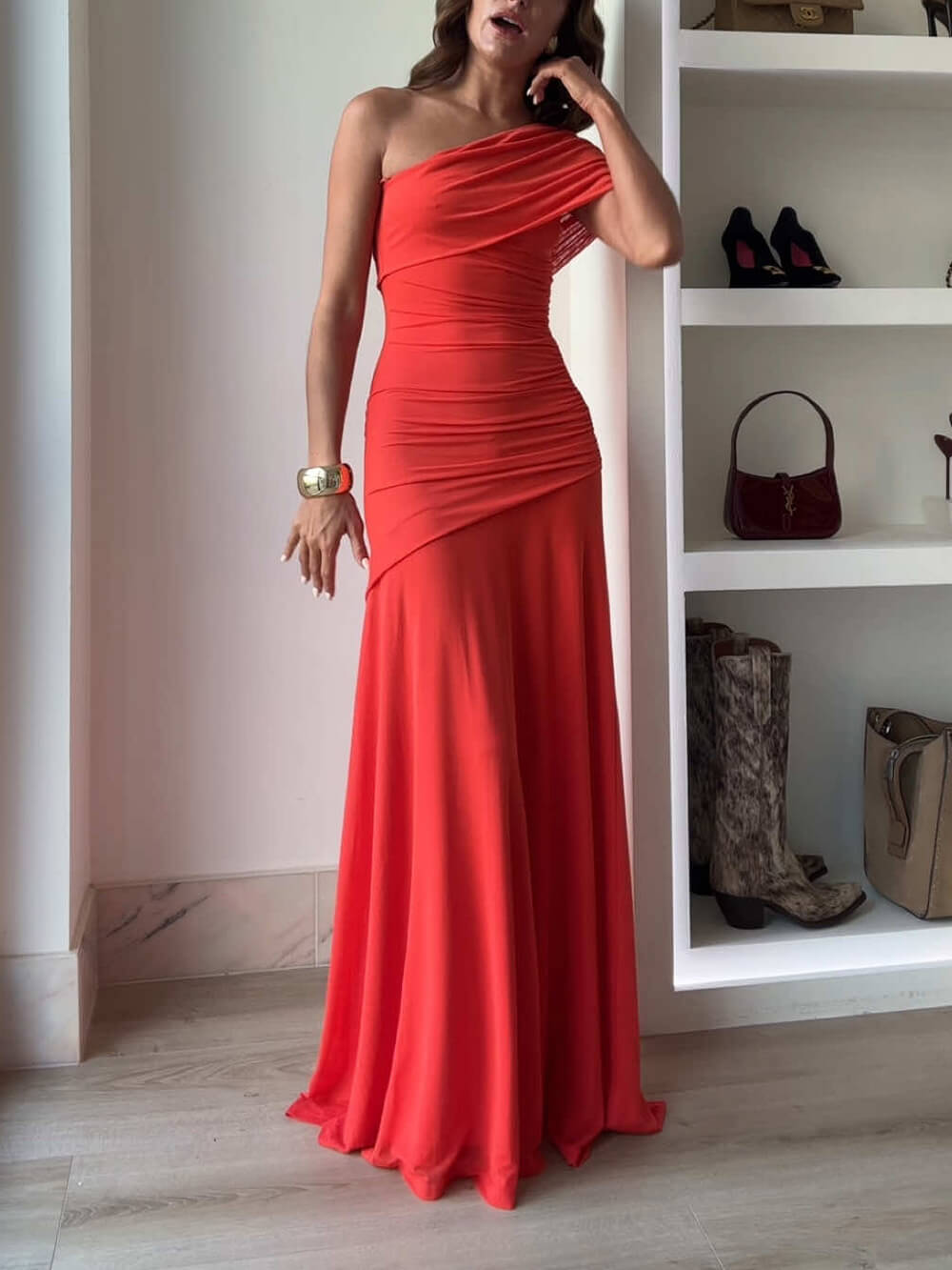 Elegance EffortlessMesh Off Shoulder Ruched Stretch Maxi Dress - Threadford