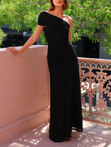 Elegance EffortlessMesh Off Shoulder Ruched Stretch Maxi Dress - Threadford