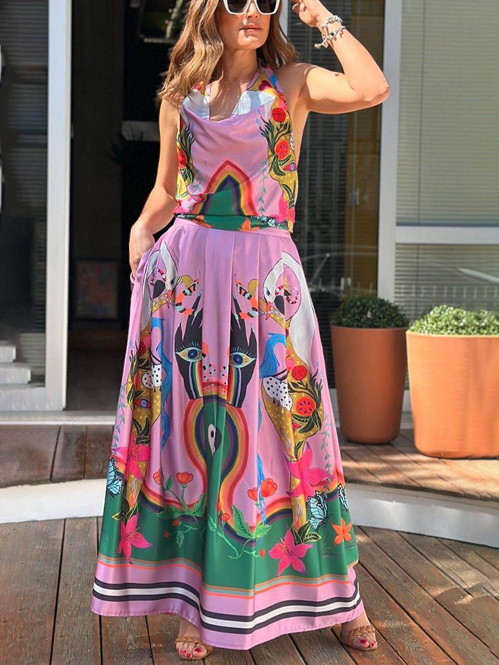 Elegance Unique Satin Print Back Tie-up Pocket Halter Maxi Dress - Threadford