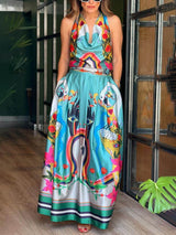 Elegance Unique Satin Print Back Tie-up Pocket Halter Maxi Dress - Threadford