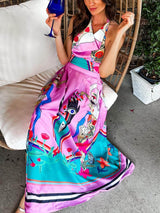 Elegance Unique Satin Print Back Tie-up Pocket Halter Maxi Dress - Threadford