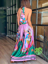 Elegance Unique Satin Print Back Tie-up Pocket Halter Maxi Dress - Threadford