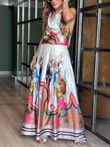 Elegance Unique Satin Print Back Tie-up Pocket Halter Maxi Dress - Threadford