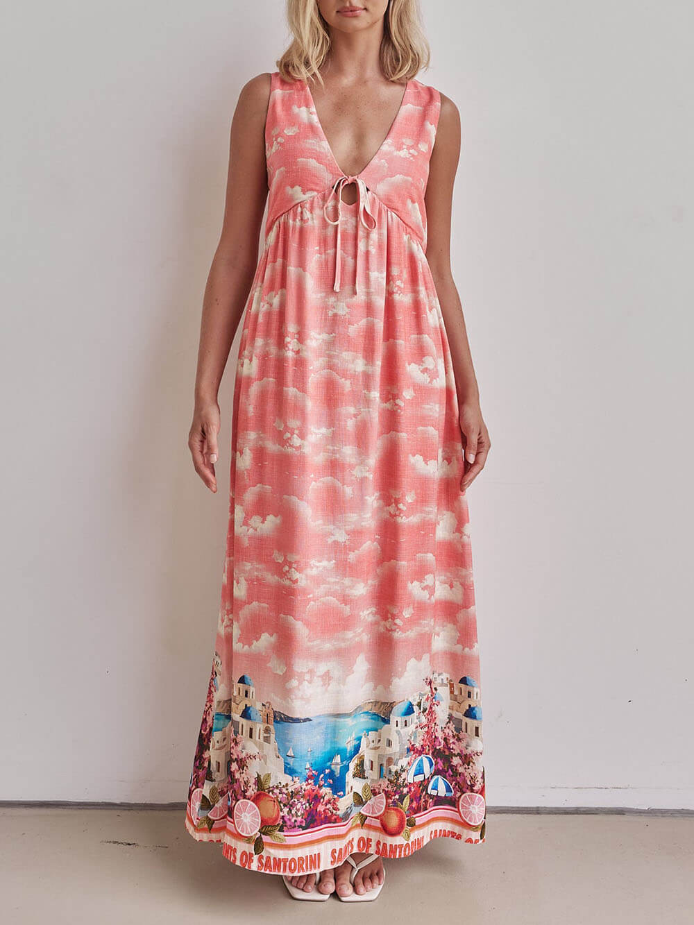 Unique Ink-Print V-Neck Lace-Up Loose-Fitting A-Line Maxi Dress - Threadford