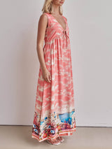 Unique Ink-Print V-Neck Lace-Up Loose-Fitting A-Line Maxi Dress - Threadford