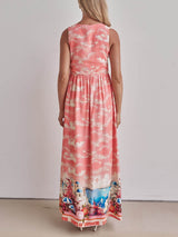 Unique Ink-Print V-Neck Lace-Up Loose-Fitting A-Line Maxi Dress - Threadford