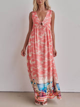 Unique Ink-Print V-Neck Lace-Up Loose-Fitting A-Line Maxi Dress - Threadford
