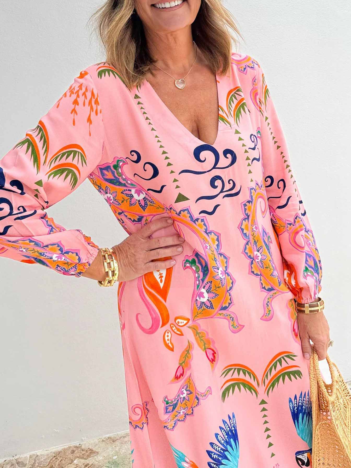 Unique Parrot Print Drop Shoulder Sleeve Maxi Dress - Threadford