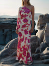 Unique Satin Floral Print One Shoulder Flared Maxi Dress - Threadford