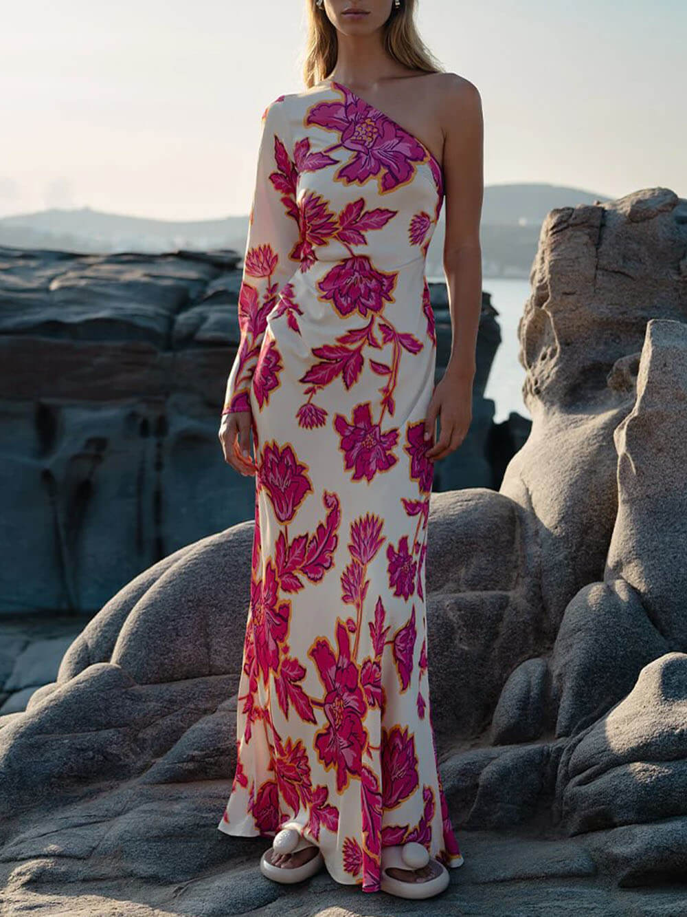 Unique Satin Floral Print One Shoulder Flared Maxi Dress - Threadford