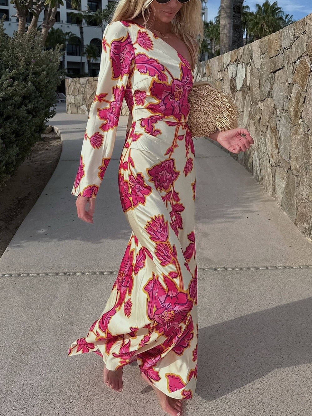 Unique Satin Floral Print One Shoulder Flared Maxi Dress - Threadford