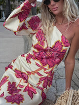 Unique Satin Floral Print One Shoulder Flared Maxi Dress - Threadford