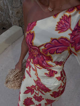 Unique Satin Floral Print One Shoulder Flared Maxi Dress - Threadford