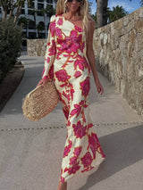 Unique Satin Floral Print One Shoulder Flared Maxi Dress - Threadford