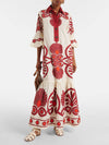 Classic Unique Ethnic Print Button Decoration Loose Maxi Dress - Threadford