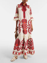 Classic Unique Ethnic Print Button Decoration Loose Maxi Dress - Threadford