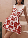 Floral Decorative Unique Print V-Neck Hollow A-Line Mini Dress - Threadford