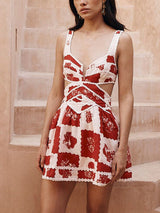 Floral Decorative Unique Print V-Neck Hollow A-Line Mini Dress - Threadford