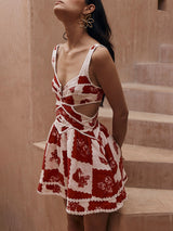 Floral Decorative Unique Print V-Neck Hollow A-Line Mini Dress - Threadford
