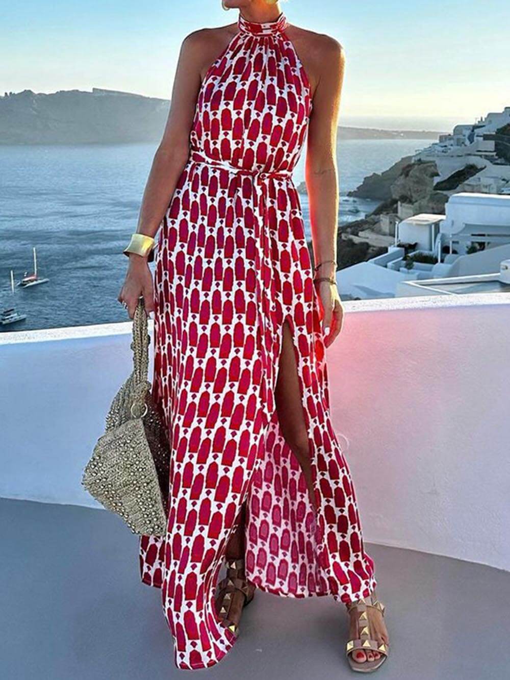 Sexy And Fashionable Printed Halter Neck Beach Slit Midi Dress - Threadford