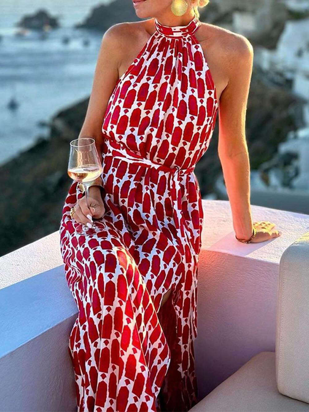 Sexy And Fashionable Printed Halter Neck Beach Slit Midi Dress - Threadford