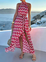 Sexy And Fashionable Printed Halter Neck Beach Slit Midi Dress - Threadford