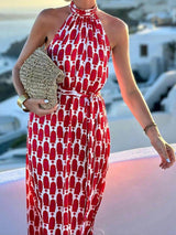 Sexy And Fashionable Printed Halter Neck Beach Slit Midi Dress - Threadford
