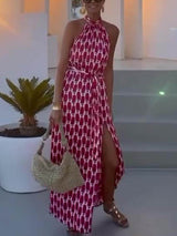Sexy And Fashionable Printed Halter Neck Beach Slit Midi Dress - Threadford