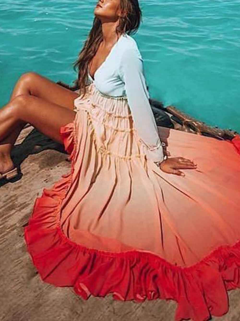 Unique Gradient Print Bohemian Rainbow Tiered Maxi Dress - Threadford