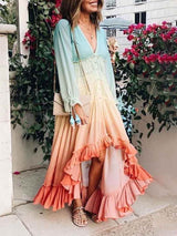 Unique Gradient Print Bohemian Rainbow Tiered Maxi Dress - Threadford