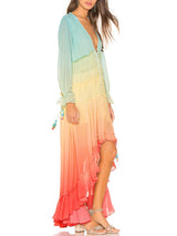 Unique Gradient Print Bohemian Rainbow Tiered Maxi Dress - Threadford