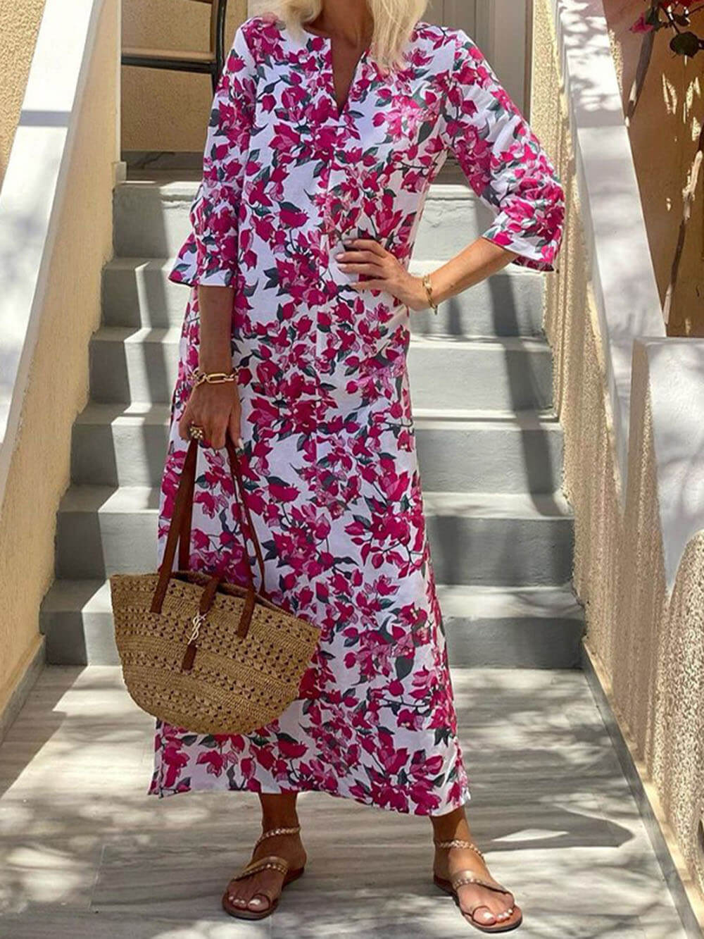 Fashion V-Neck Bohemian Print Maxi Dress - Threadford