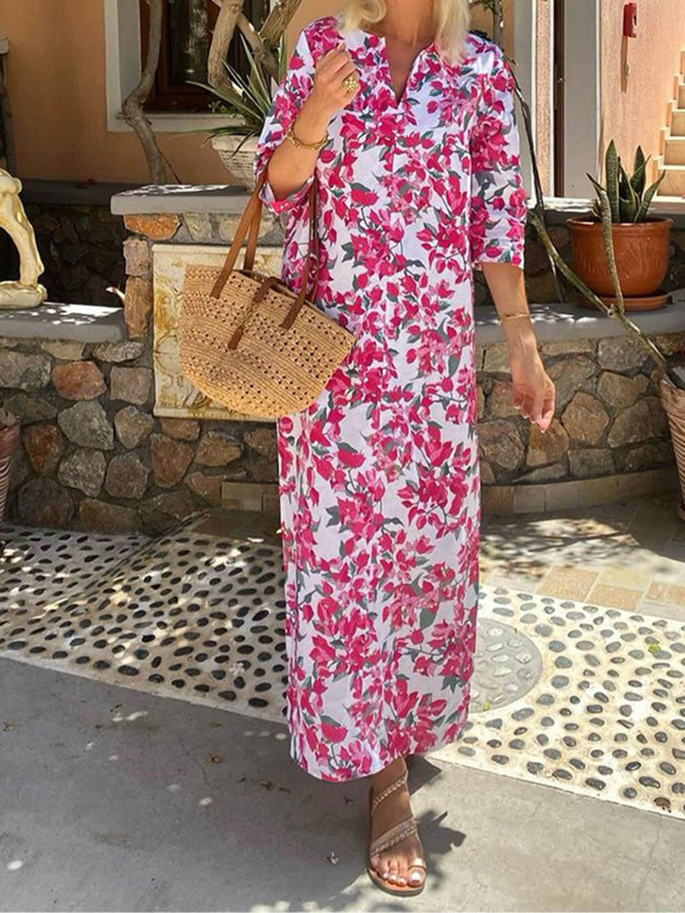 Fashion V-Neck Bohemian Print Maxi Dress - Threadford