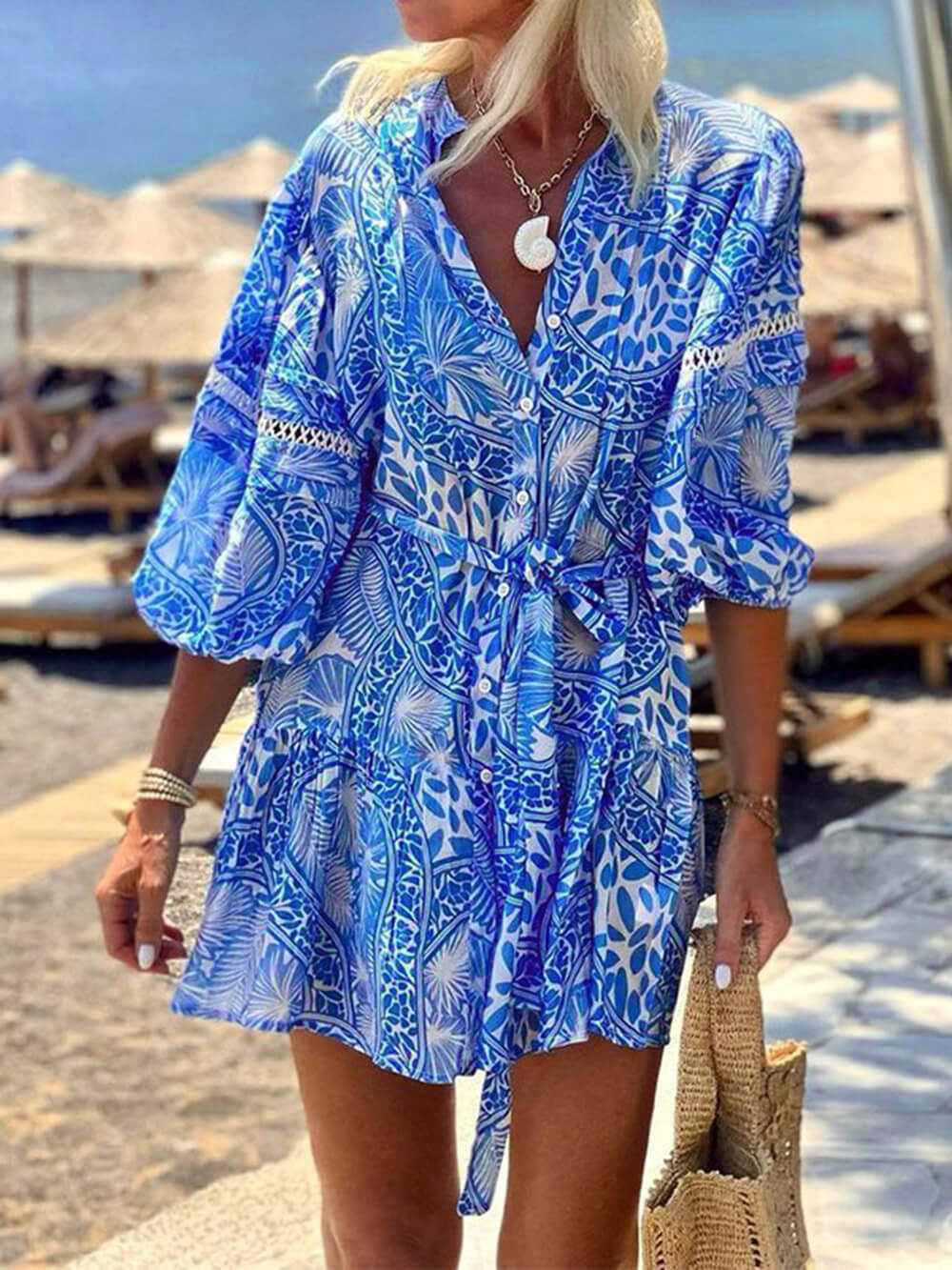 Fashion Stand Collar Shift Printed Resort Mini Dress - Threadford
