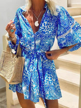 Fashion Stand Collar Shift Printed Resort Mini Dress - Threadford